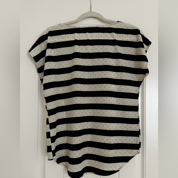 EVERLY Cream Black Striped Polka Dot Top Blouse Crew Neck Short Sleeve, medium - Picture 2 of 6